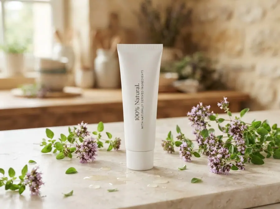 Oregano, mint and chamomile next to a tube of foot gel